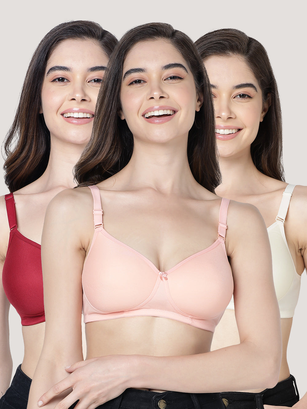 Cherry Full Coverage Lightly Padded Everyday Bra | Pack of 3-MAROON PEACH SKIN