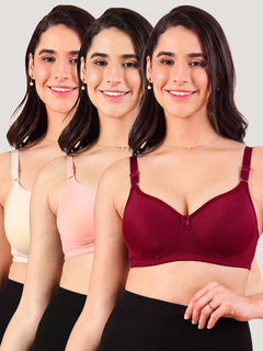 Cherry Full Coverage Lightly Padded Everyday Bra | Pack of 3-MAROON PEACH SKIN