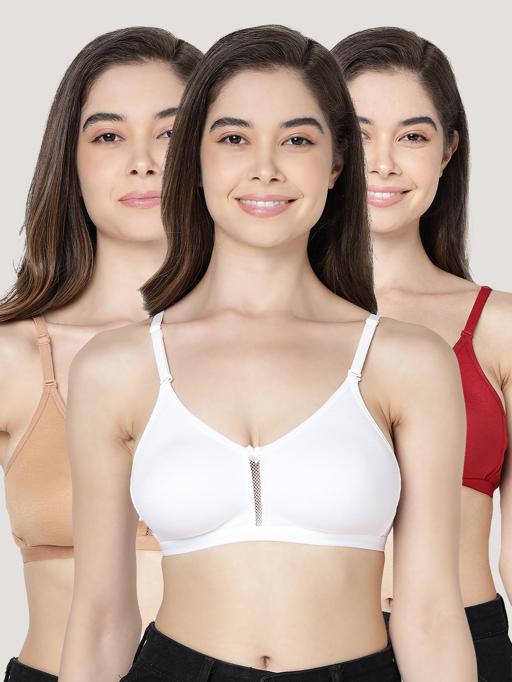 Gloria Full Coverage Double Layered Cups Everyday Bra | Pack of 3-MAROON WHITE CAMEL