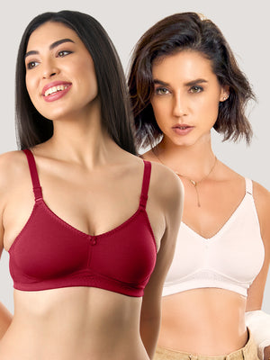 Kalyani's Emma Double Layered Seamless Cups Full Coverage Cotton Bras | Pack of 2 | MAROON WHITE