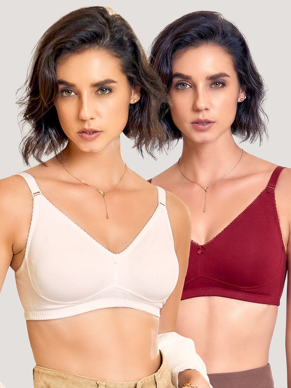 Kalyani's Emma Double Layered Seamless Cups Full Coverage Cotton Bras | Pack of 2 | MAROON WHITE
