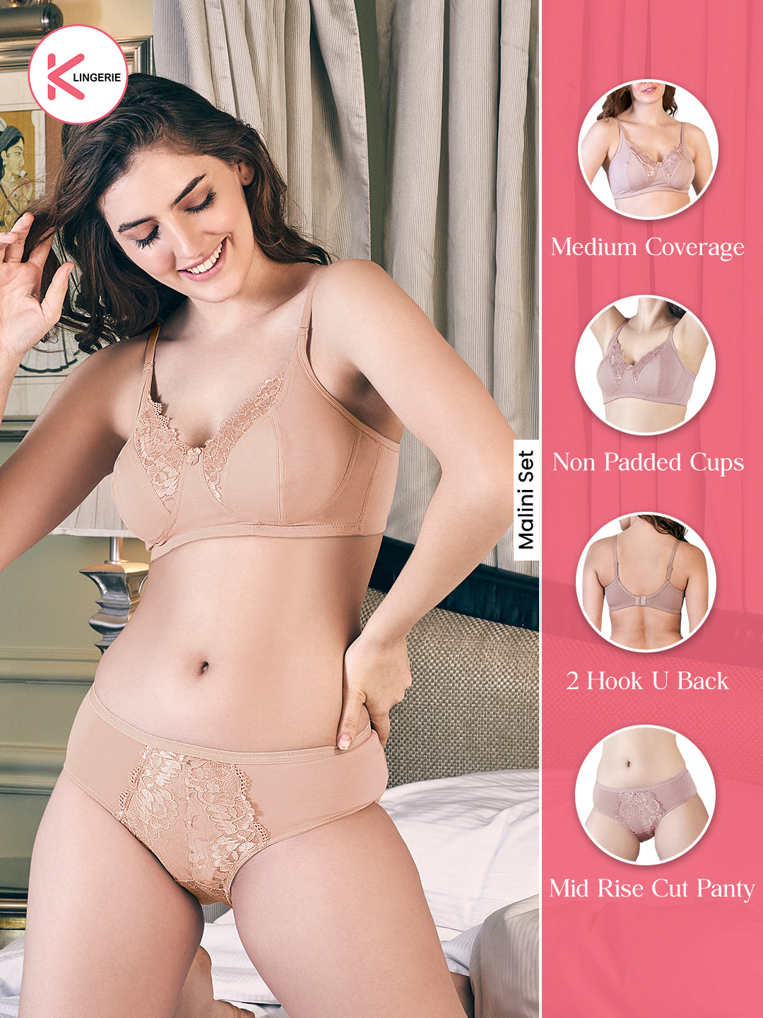 Malini Wirefree Lace Detailing Lingerie Set-BLUSH