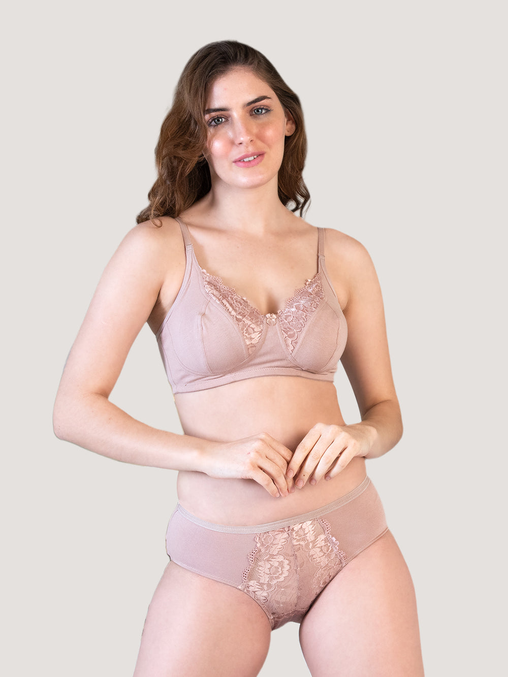 Malini Wirefree Lace Detailing Lingerie Set-FAWN