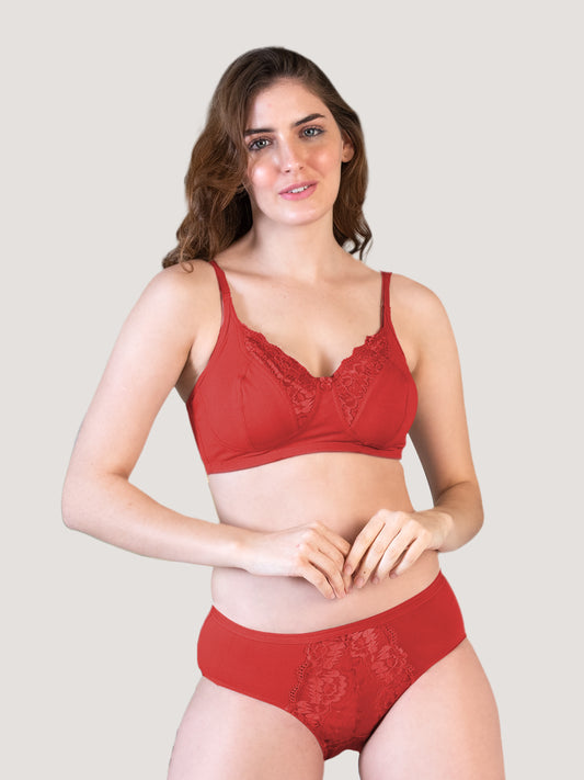 Malini Wirefree Lace Detailing Lingerie Set-RED