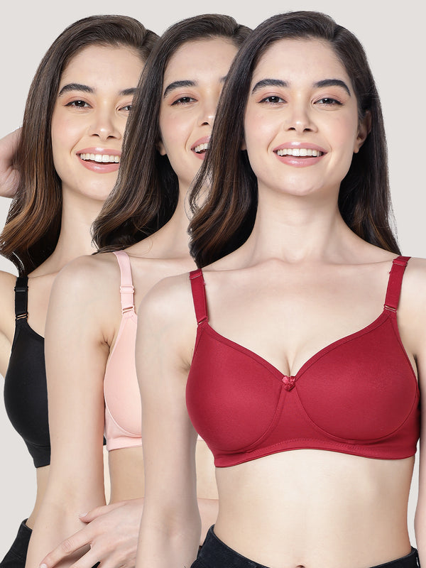 Cherry Full Coverage Lightly Padded Everyday Bra | Pack of 3-MAROON BLACK PEACH
