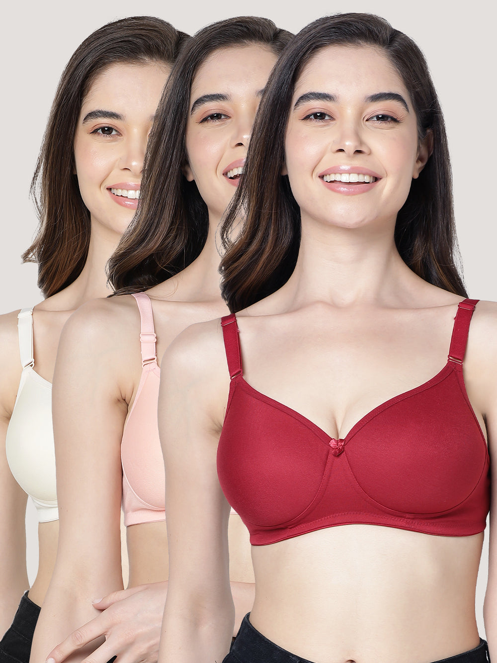 Cherry Full Coverage Lightly Padded Everyday Bra | Pack of 3-MAROON PEACH SKIN