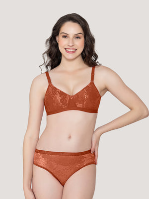 Molly Padded Lace Embroidered Lingerie Set-BROWN