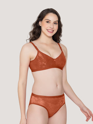 Molly Padded Lace Embroidered Lingerie Set-BROWN