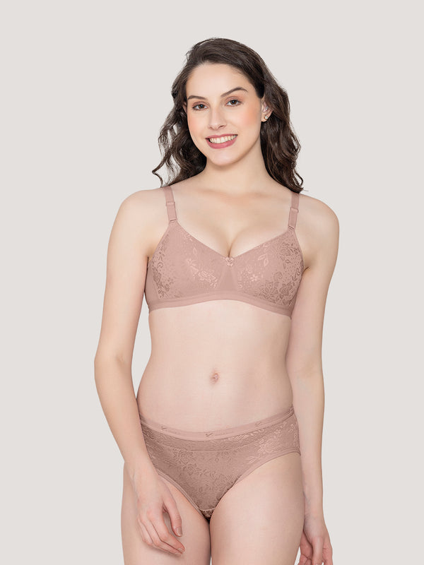 Molly Padded Lace Embroidered Lingerie Set-FAWN