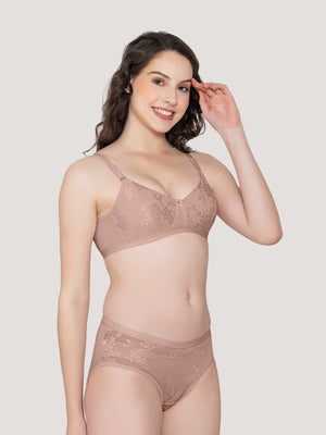 Molly Padded Lace Embroidered Lingerie Set-FAWN