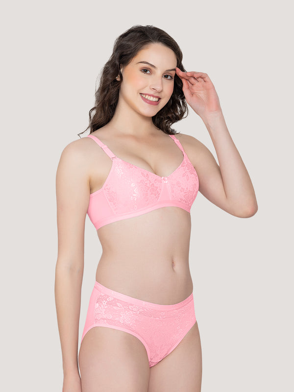 Molly Padded Lace Embroidered Lingerie Set-PINK