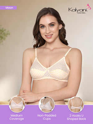 Moon Printed Cotton Polka Dot Daily Wear Bra | Pack of 3-PINK SKIN WHITE