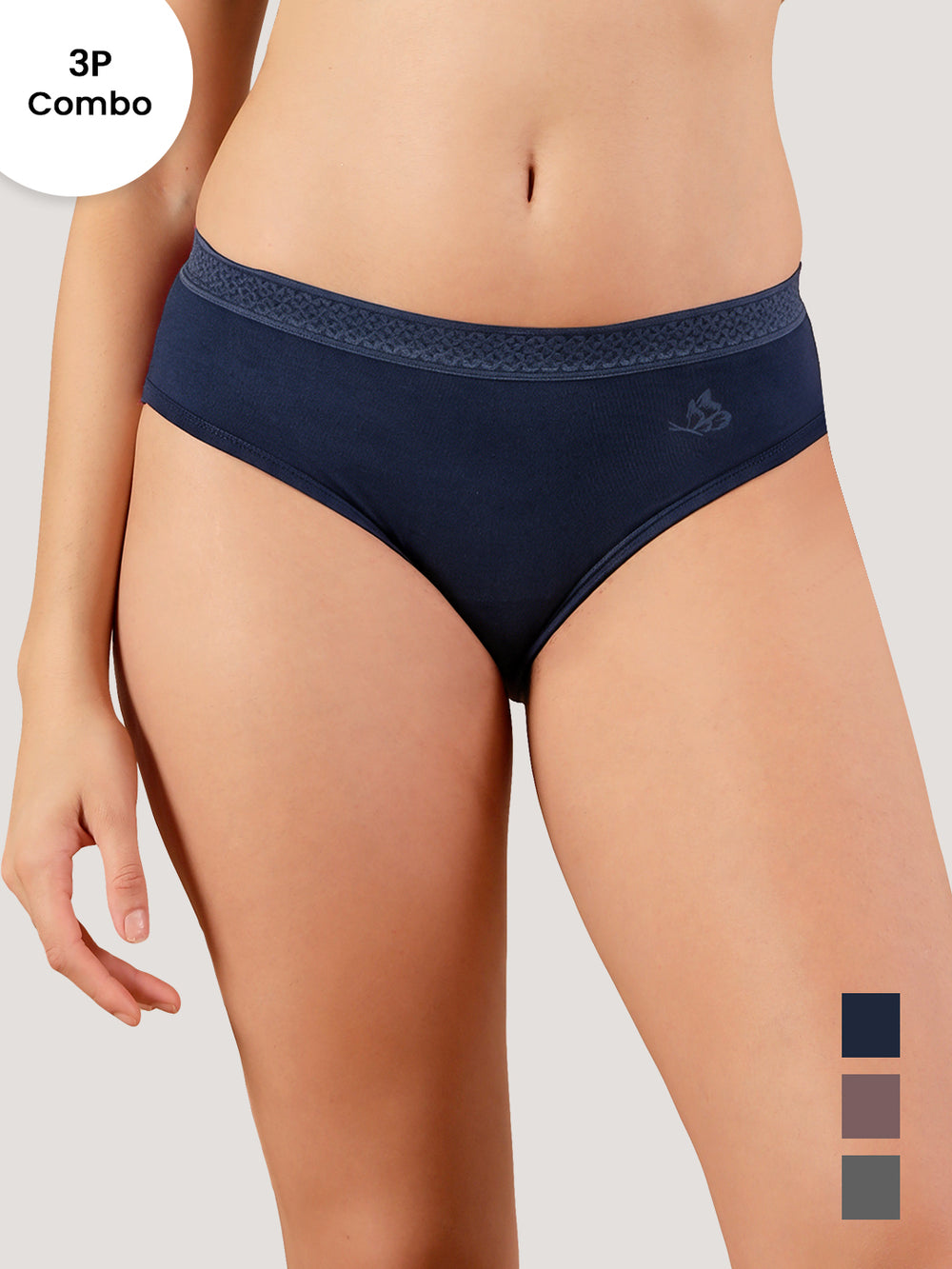 Oshiya Micro Modal Mid Rise Hipster Panty with Full Back Coverage Pack of 3 | NAVY BLUE BROWN DARK GREY
