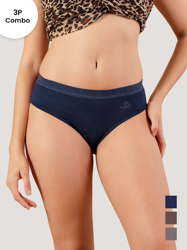 Oshiya Micro Modal Mid Rise Hipster Panty with Full Back Coverage Pack of 3 | NAVY BLUE BROWN DARK GREY