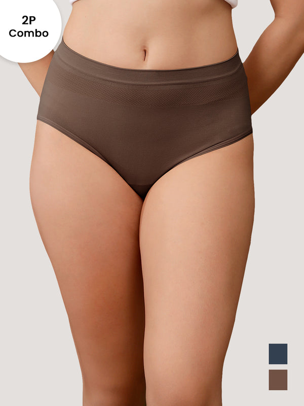 Kavya Women’s High Rise Full Coverage Knitted Hipster Panty with No-Roll Broad Inner Elastic Waistband Pack of 2| NAVY BLUE BROWN