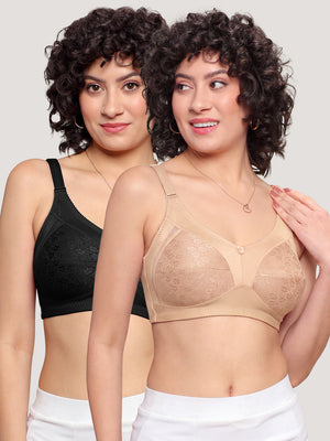 Kalyani Sandy Women’s Full Coverage Non-Padded Lace Bra with M Frame Front Panel Pack of 2 | NUDE BLACK