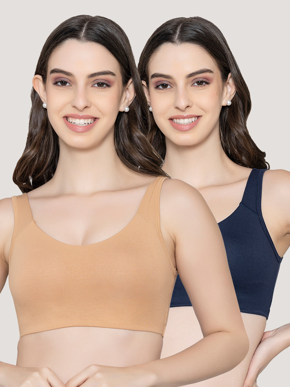 K LINGERIE Daisey Women's Flexible Fit Medium Impact Sports Bra for Light Workouts-NUDE NAVY BLUE