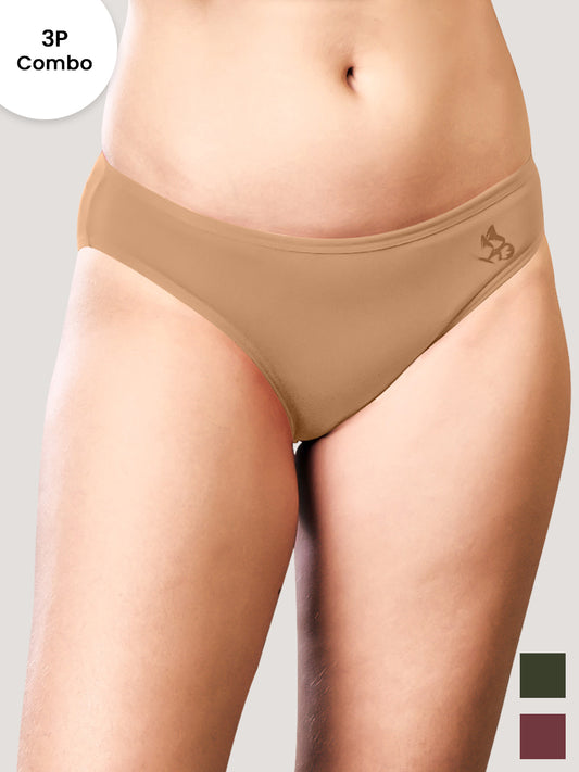 Reeva Seamless Low Waist Bikini Panty | Pack of 3-NUDE OLIVE ONION RUST