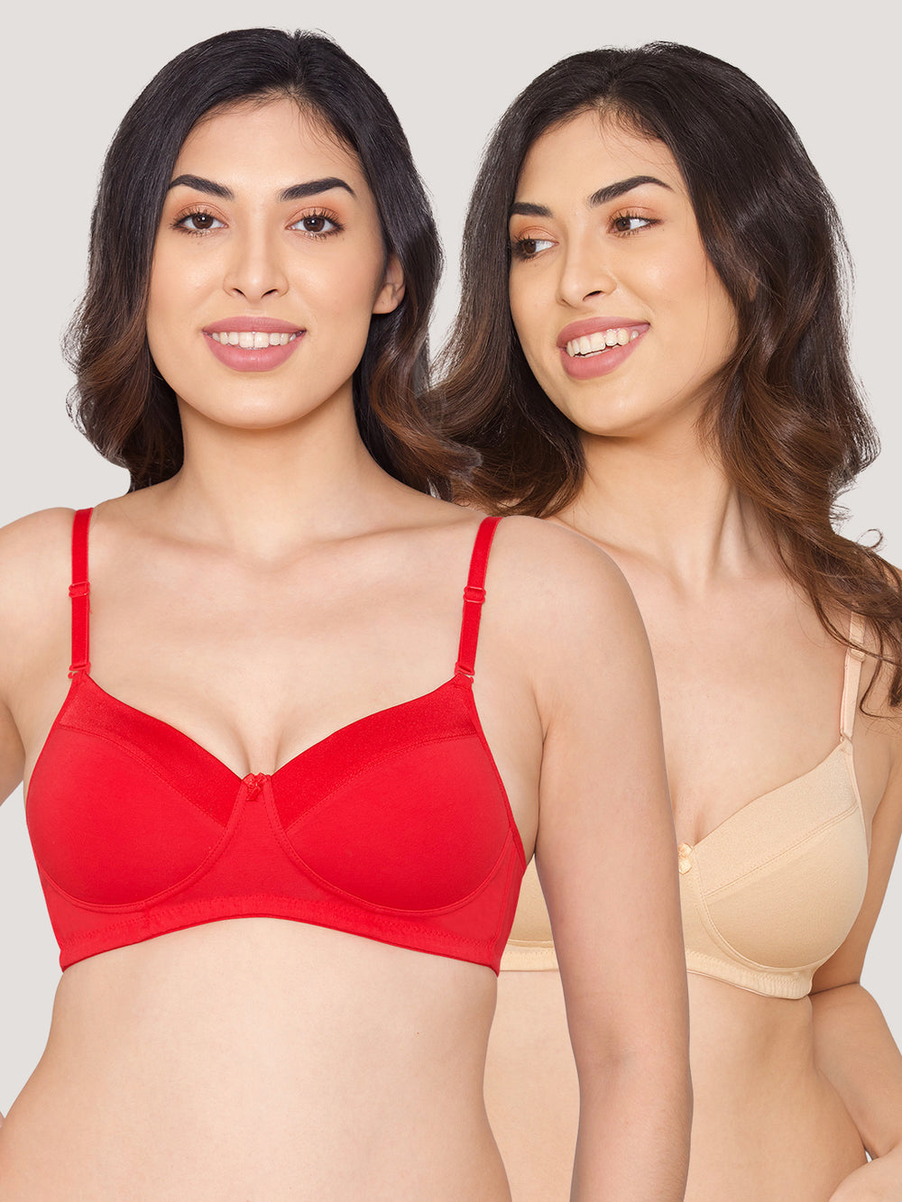 Kalyani Madee Everyday Comfort Elegant Satin Neckline Padded T-Shirt Bras | Pack of 2 | NUDE RED
