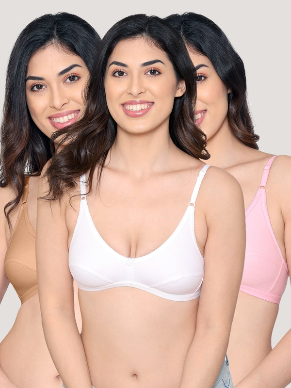 Vidhi Seamed Non-Padded Everyday Bra | Pack of 3-NUDE WHITE PINK