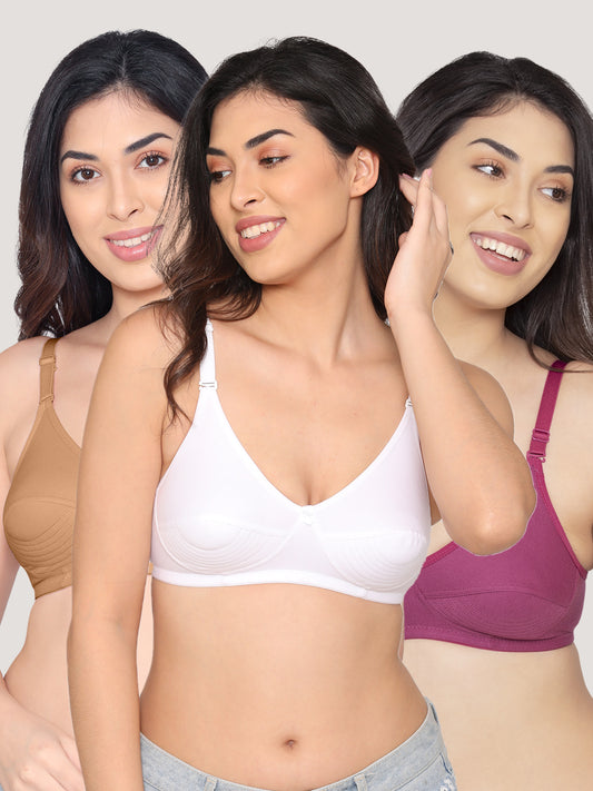 Pranika Non Padded Seamed Everyday Bra | Pack of 3-NUDE WHITE ROSE BUD