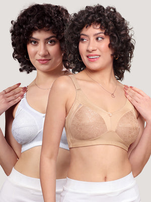 Kalyani Sandy Women’s Full Coverage Non-Padded Lace Bra with M Frame Front Panel Pack of 2 | NUDE WHITE