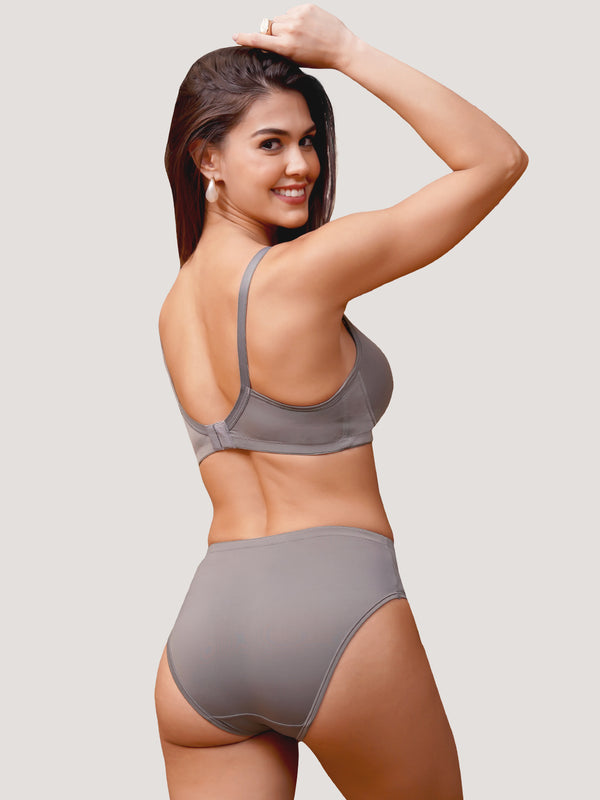 Kalyani Nyra Minimalistic Lace Medium Coverage Wirefree Support Padded Bra Panty Set | Dark Grey