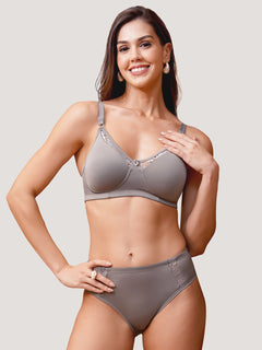 Kalyani Nyra Minimalistic Lace Medium Coverage Wirefree Support Padded Bra Panty Set | Dark Grey