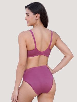 Kalyani Nyra Minimalistic Lace Medium Coverage Wirefree Support Padded Bra Panty Set | L.Wine