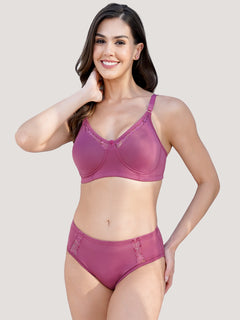 Kalyani Nyra Minimalistic Lace Medium Coverage Wirefree Support Padded Bra Panty Set | L.Wine