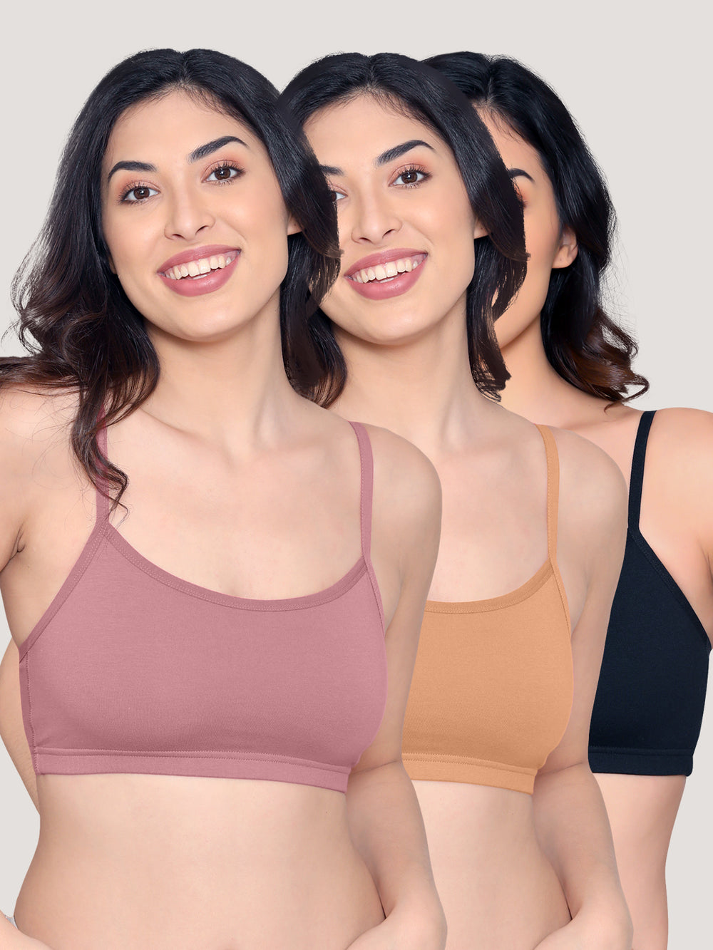 Mia Full Coverage Cotton Beginners Bra | Pack of 3-ONION BLACK NUDE
