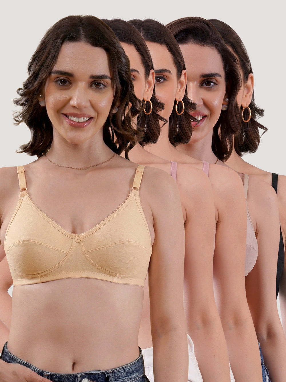 Kalyani Rinni Non Padded Everyday Cotton Bra with Minimal Lace Details |ONION ONION FAWN BLACK SKIN Pack of 5