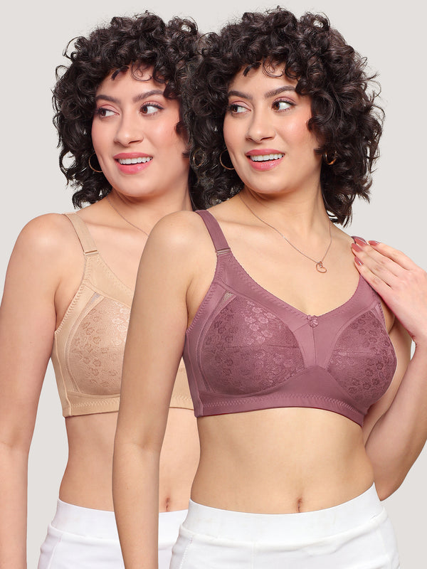 Kalyani Sandy Women’s Full Coverage Non-Padded Lace Bra with M Frame Front Panel Pack of 2 |ONION RUST NUDE