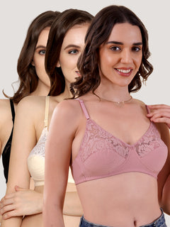 Deepali Non Padded Everyday Lace Bra | Pack of 3-ONION SKIN BLACK