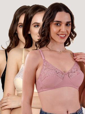 Deepali Non Padded Everyday Lace Bra | Pack of 3-ONION SKIN BLACK