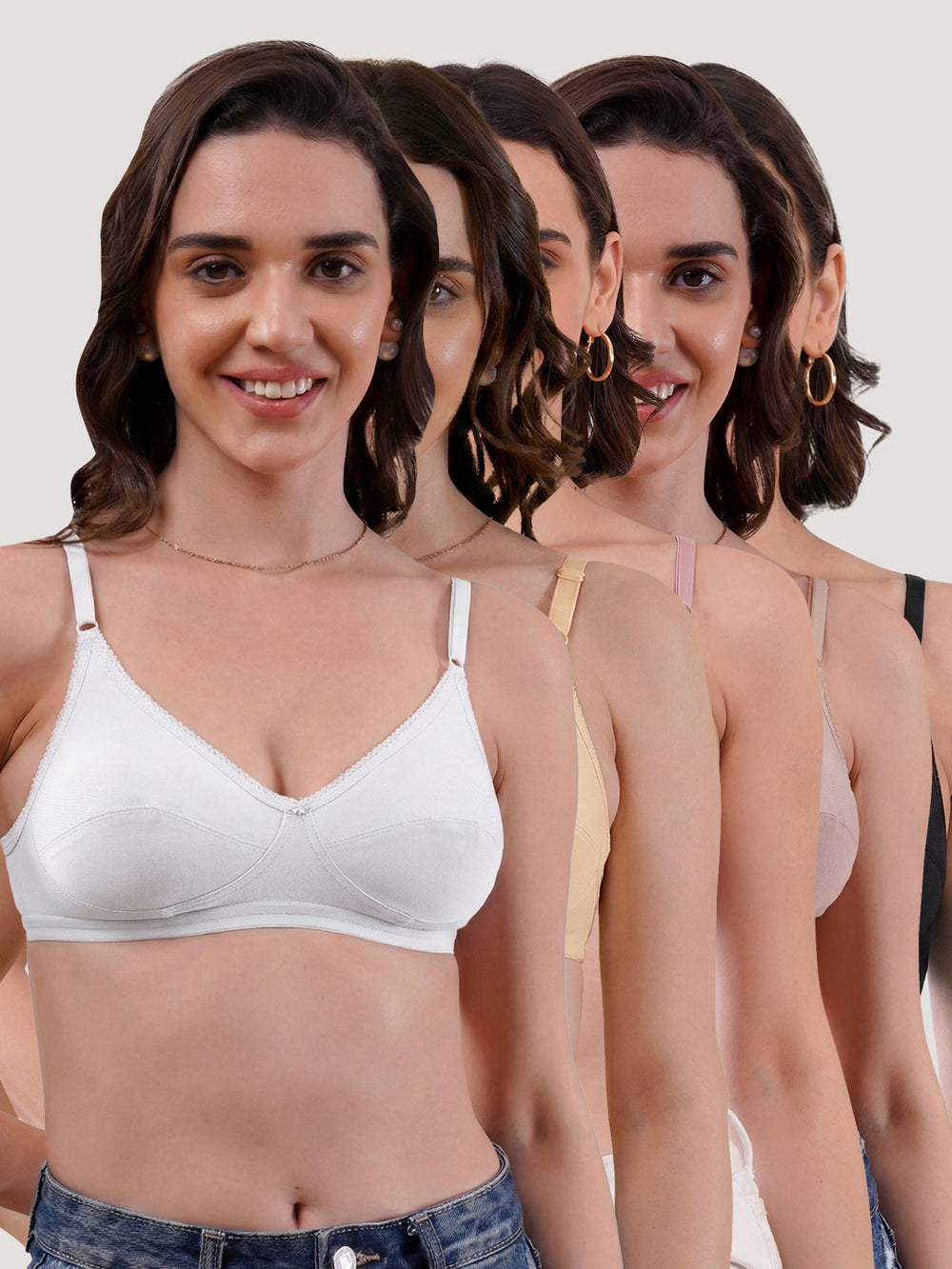 Kalyani Rinni Non Padded Everyday Cotton Bra with Minimal Lace Details |ONION SKIN WHITE BLACK FAWN Pack of 5