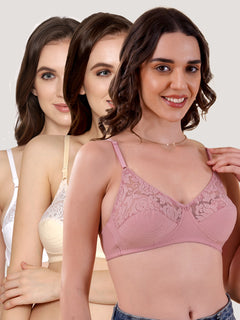 Deepali Non Padded Everyday Lace Bra | Pack of 3-ONION SKIN WHITE