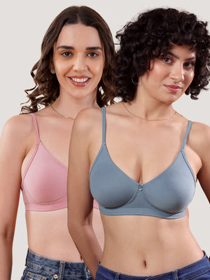 Kalyani Kirti Seamless Cups Non Padded Everyday T-Shirt Bra | Pack of 2-ONION & TEAL BLUE