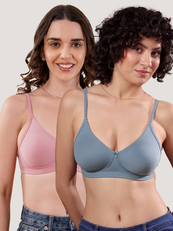 Kalyani Kirti Seamless Cups Non Padded Everyday T-Shirt Bra | Pack of 2-ONION & TEAL BLUE