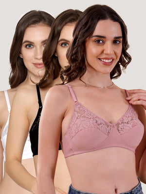 Deepali Non Padded Everyday Lace Bra | Pack of 3-ONION WHITE BLACK