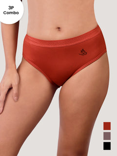 Oshiya Micro Modal Mid Rise Hipster Panty with Full Back Coverage Pack of 3 | ORANGE RUST BROWN BLACK