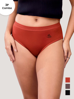 Oshiya Micro Modal Mid Rise Hipster Panty with Full Back Coverage Pack of 3 | ORANGE RUST BROWN BLACK