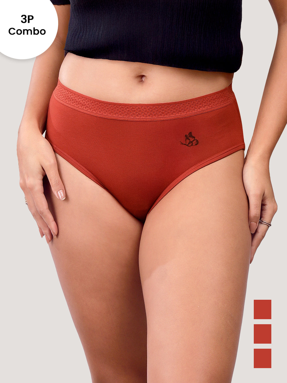 Oshiya Micro Modal Mid Rise Hipster Panty with Full Back Coverage Pack of 3 | ORANGE RUST ORANGE RUST ORANGE RUST