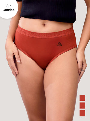 Oshiya Micro Modal Mid Rise Hipster Panty with Full Back Coverage Pack of 3 | ORANGE RUST ORANGE RUST ORANGE RUST
