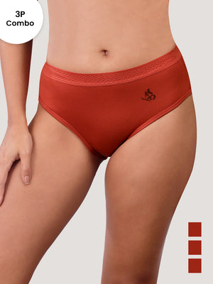 Oshiya Micro Modal Mid Rise Hipster Panty with Full Back Coverage Pack of 3 | ORANGE RUST ORANGE RUST ORANGE RUST
