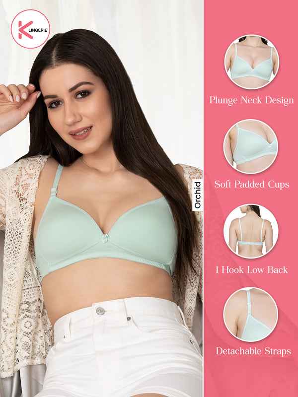 Orchid Plunge Neck Low Back Bra for Women-SEA GREEN