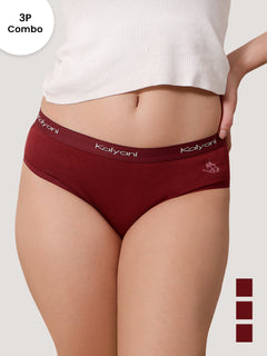 Jazzie Women Hipster Panties | Mid-Rise | 100% Cotton | Pack of 3-P.MAROON P.MAROON P.MAROON