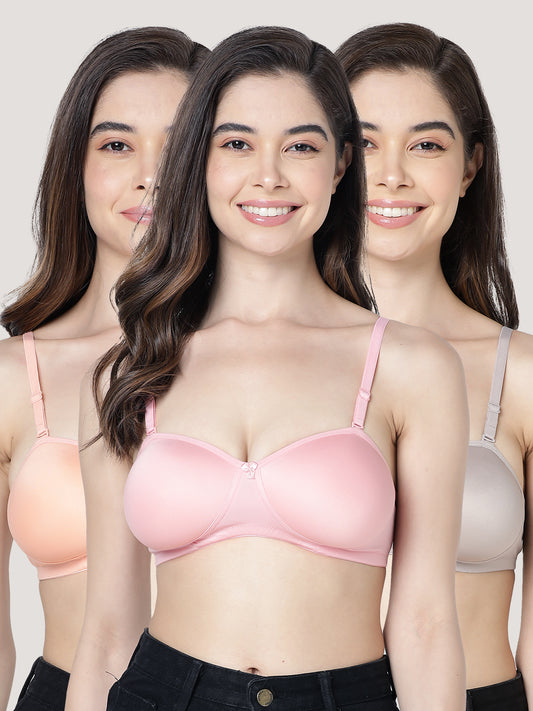 Leslie Light Padded Seamless Balconette Bra | Pack of 3-PEACH D.PINK L.GREY