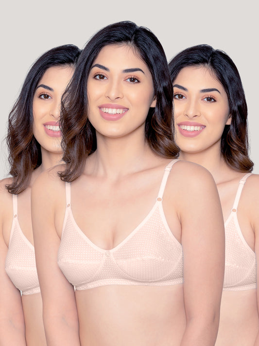 Elin Non Padded Dot Printed Cotton Everyday Bra | Pack of 3-PEACH PEACH PEACH