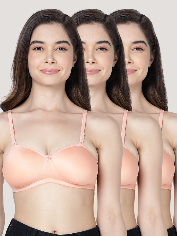 Leslie Light Padded Seamless Balconette Bra | Pack of 3-PEACH PEACH PEACH